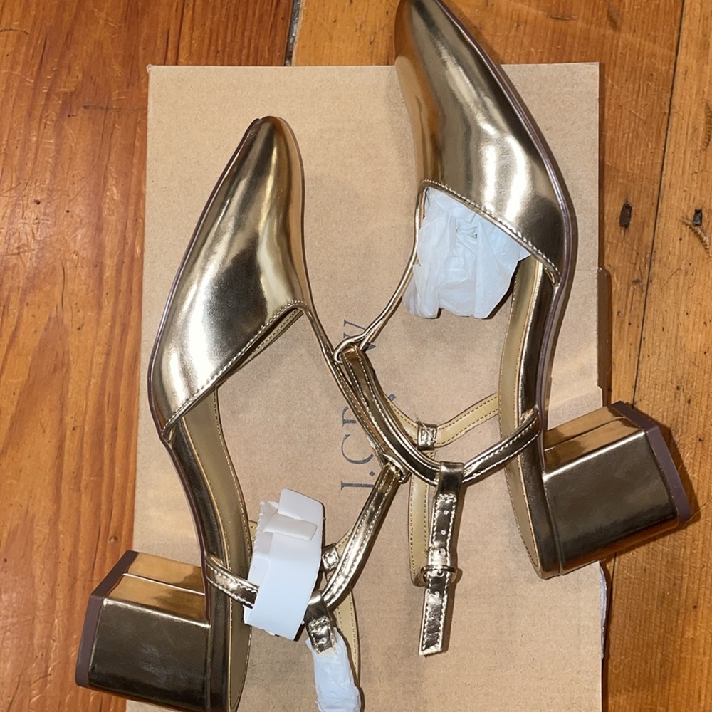 Shoe J Crew Ankle T- Strap Heel Gold NIB NEW size 8 1/2 - Picture 5 of 17